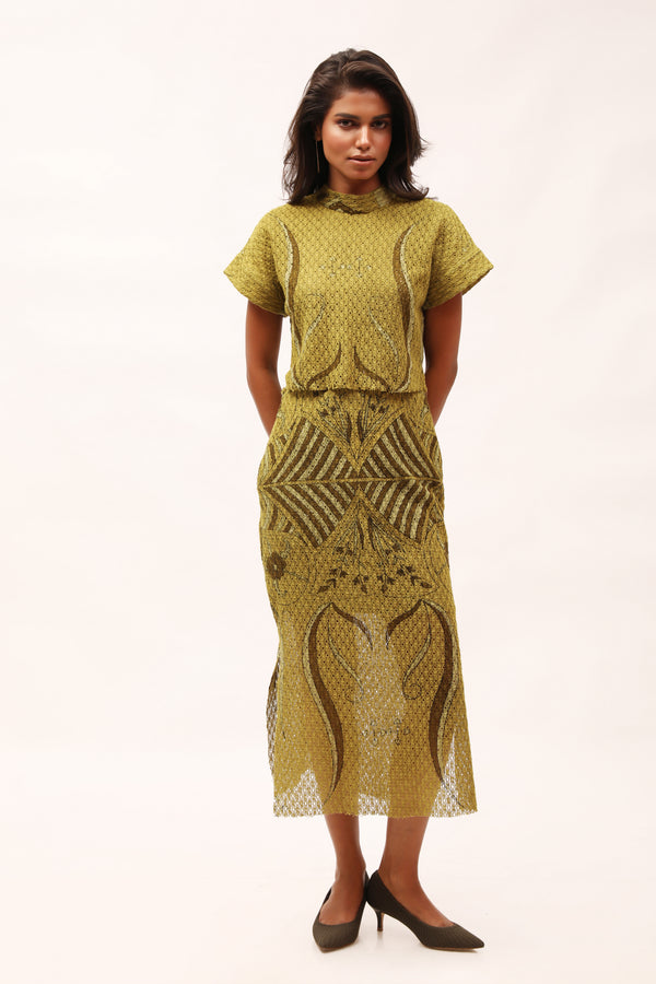 Olive Cotton-Net Printed Crop Top & Skirt Set