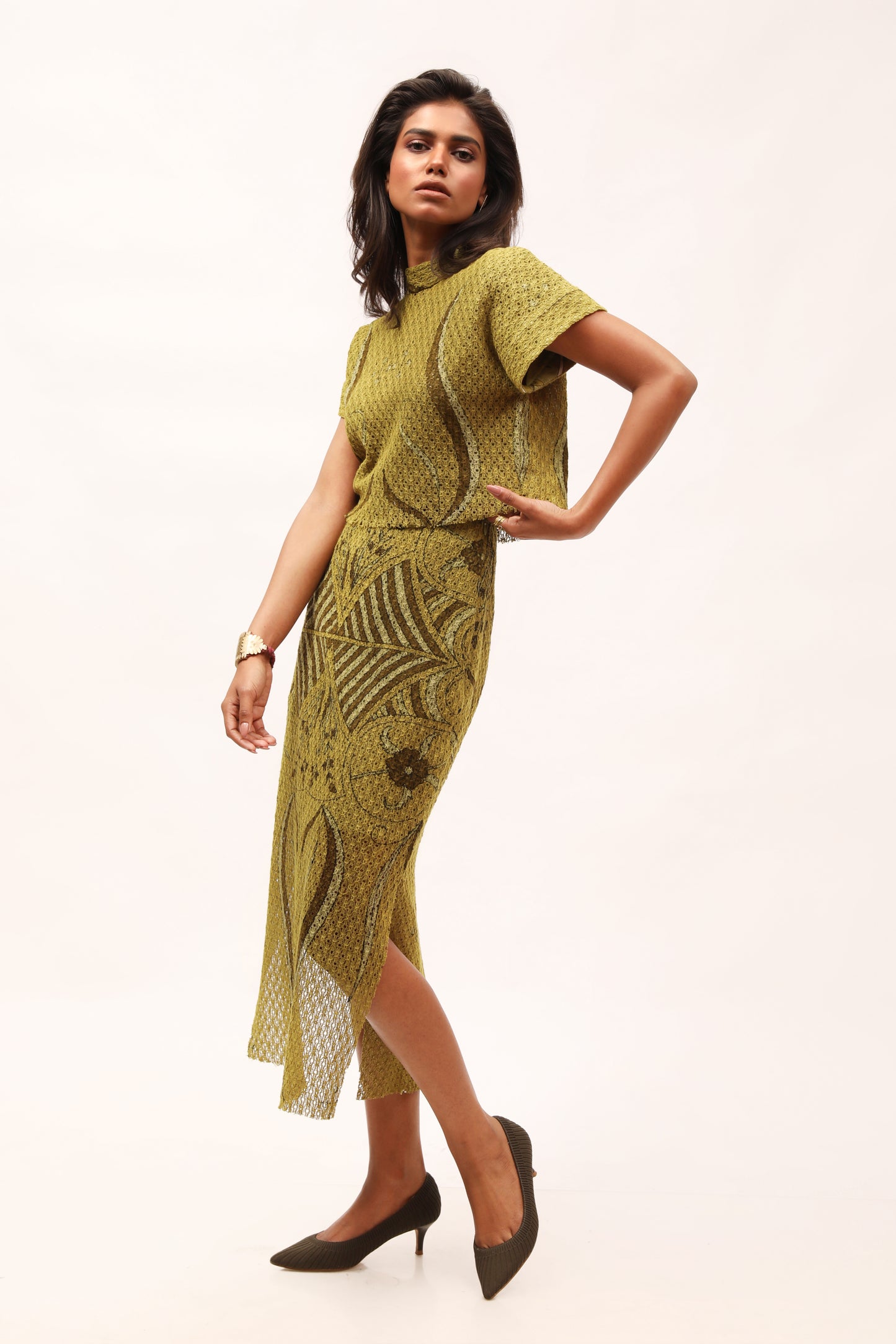 Olive Cotton-Net Printed Crop Top & Skirt Set