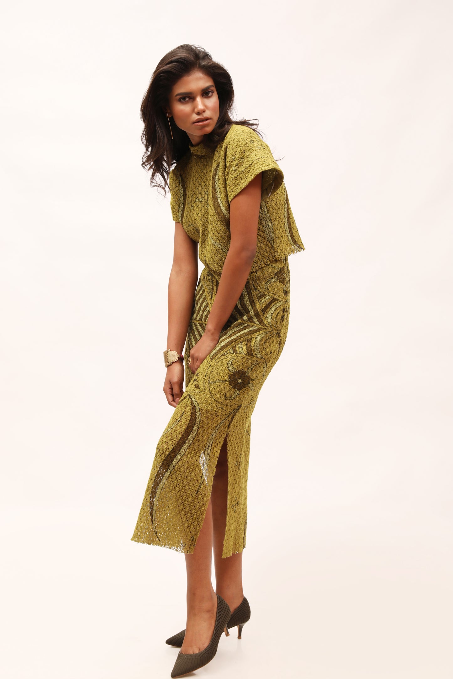 Olive Cotton-Net Printed Crop Top & Skirt Set