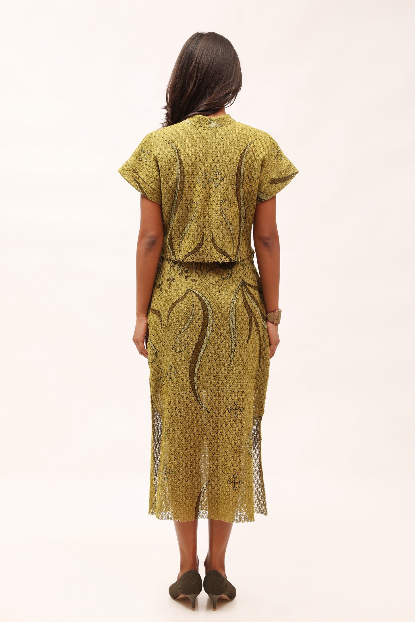 Olive Cotton-Net Printed Crop Top & Skirt Set