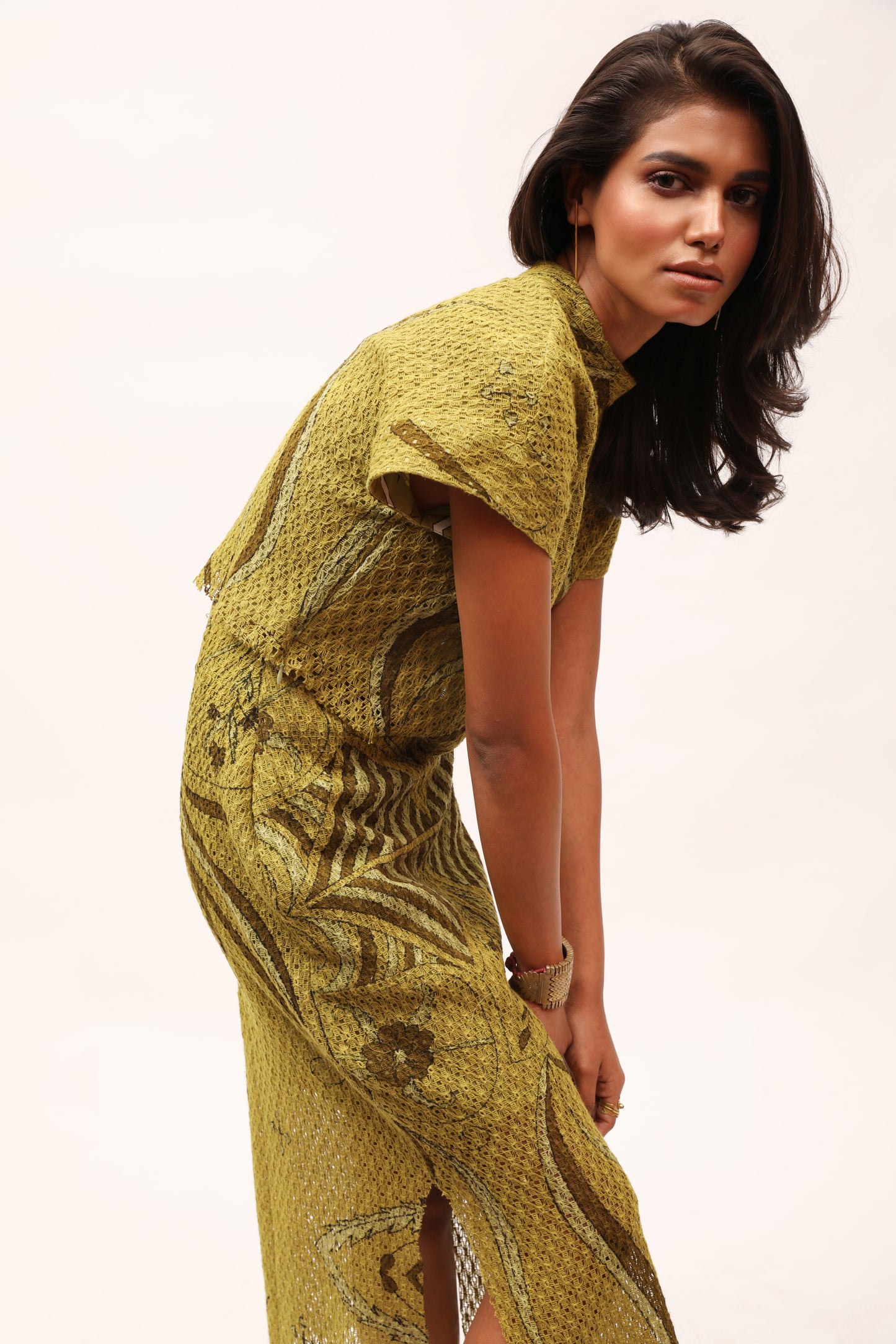 Olive Cotton-Net Printed Crop Top & Skirt Set