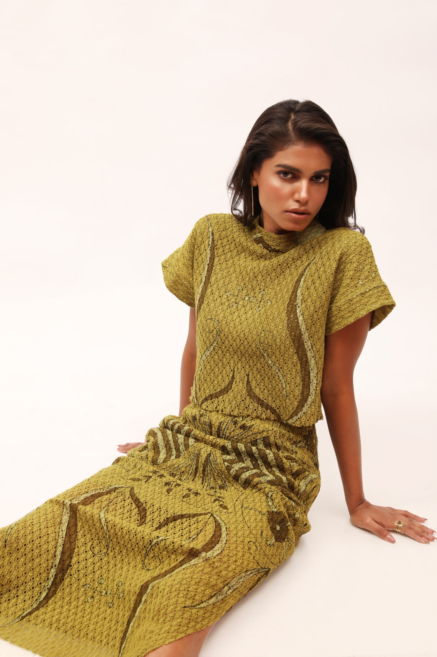 Olive Cotton-Net Printed Crop Top & Skirt Set