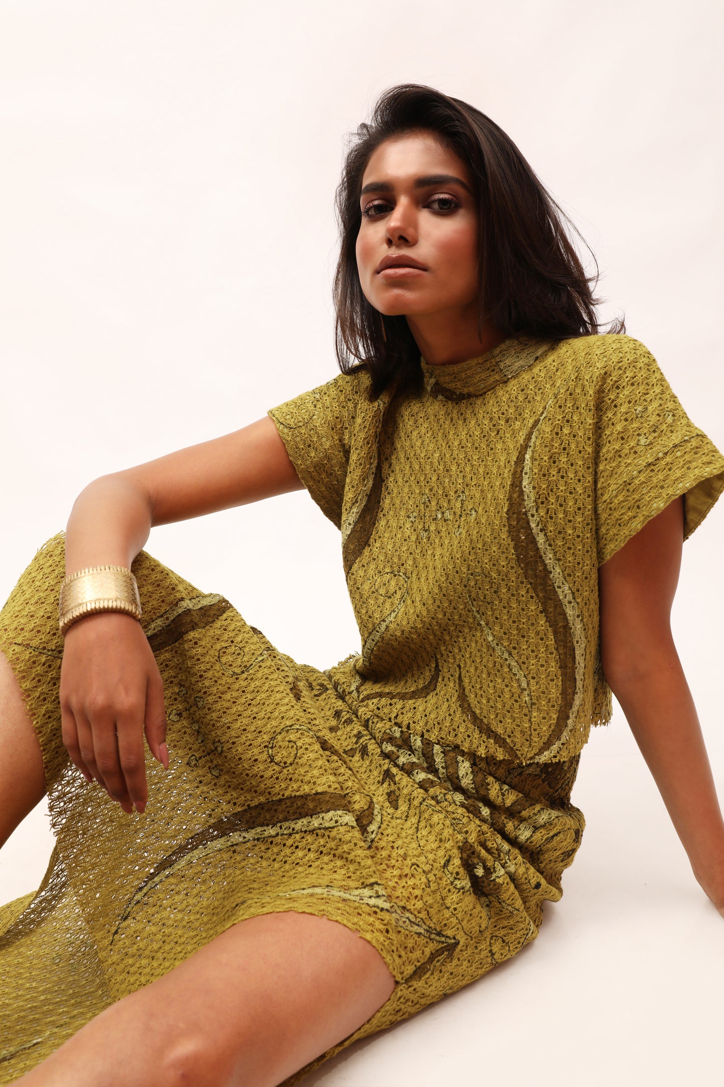 Olive Cotton-Net Printed Crop Top & Skirt Set