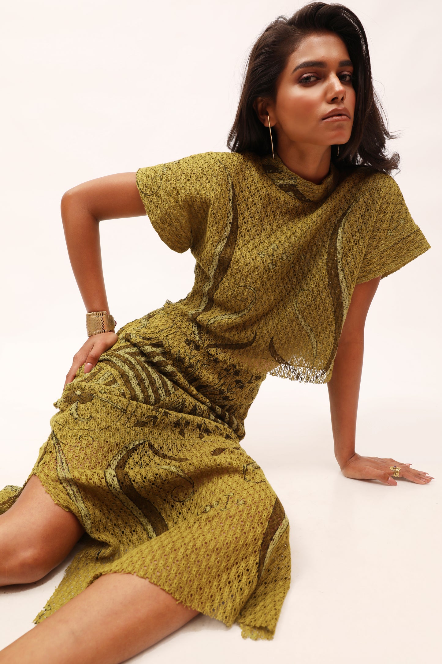 Olive Cotton-Net Printed Crop Top & Skirt Set