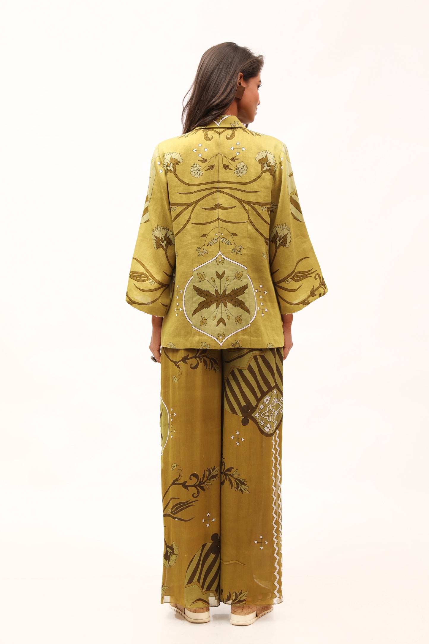 Olive Chiffon Wide Pants With Paisley Patterns