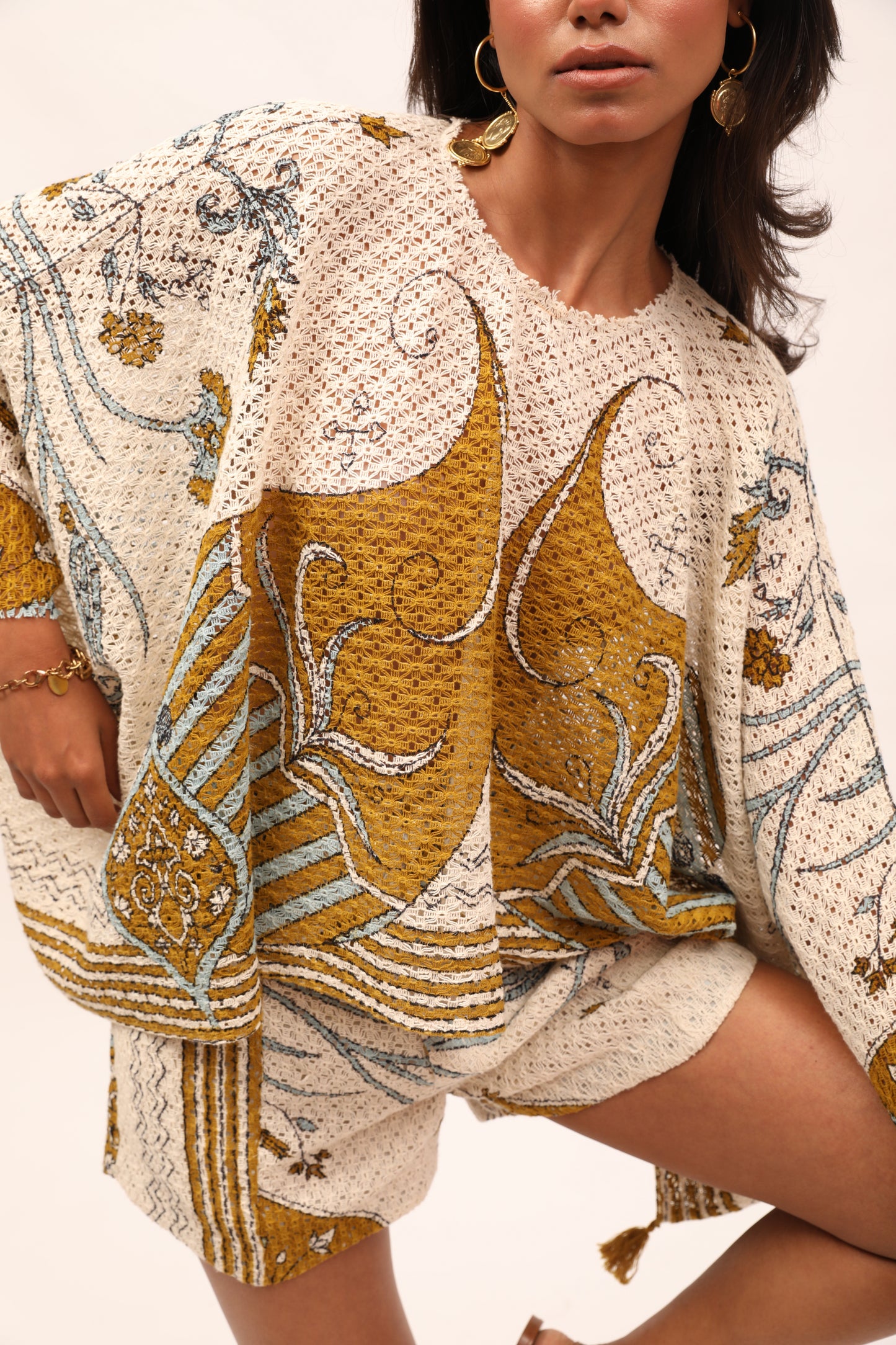 Ecru Cotton Net Printed Kaftan Top