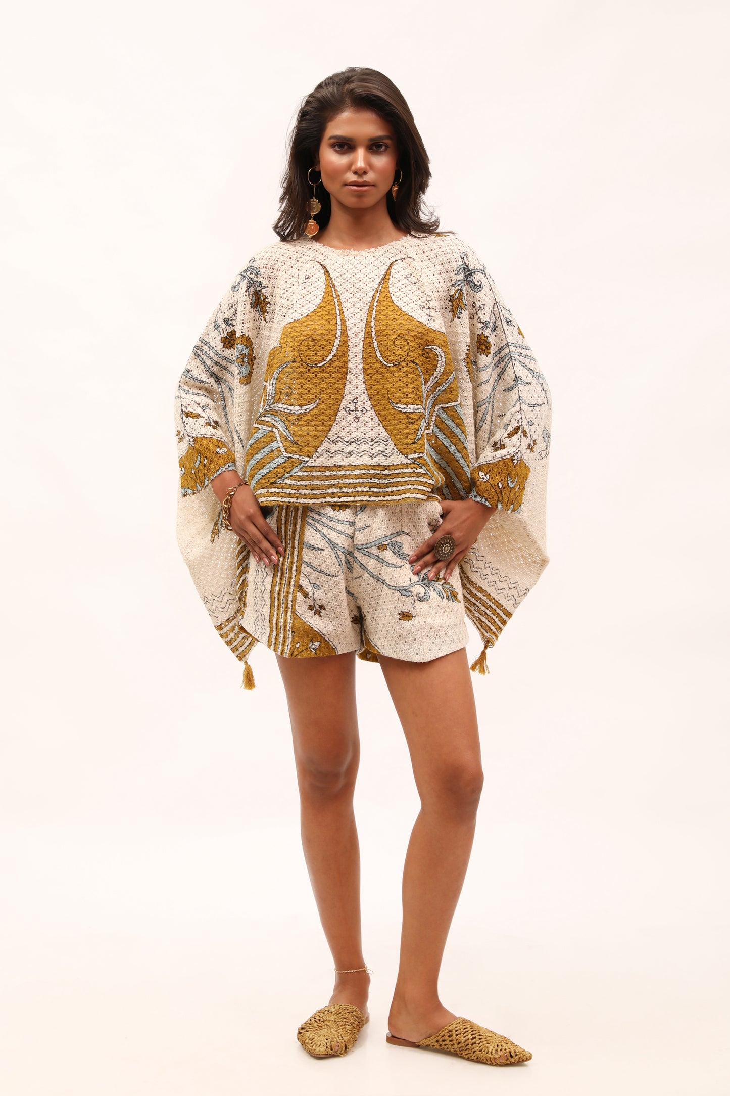 Ecru Cotton Net Printed Kaftan Top