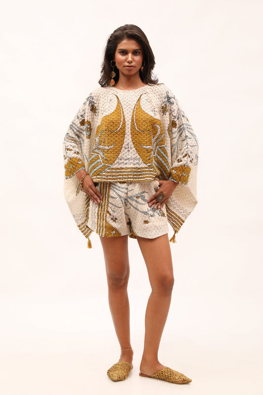 Ecru Cotton Net Printed Kaftan Top