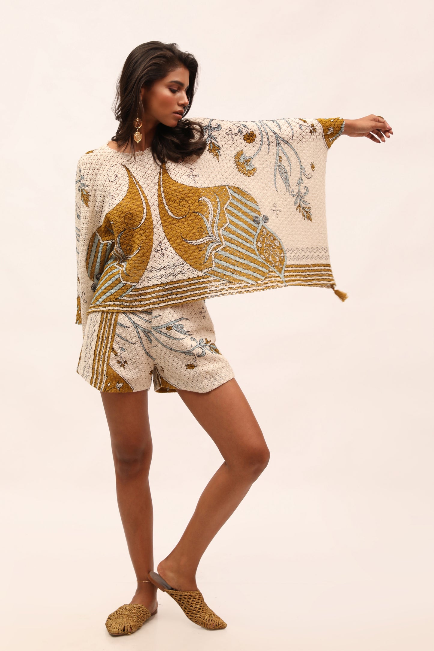 Ecru Cotton Net Printed Kaftan Top