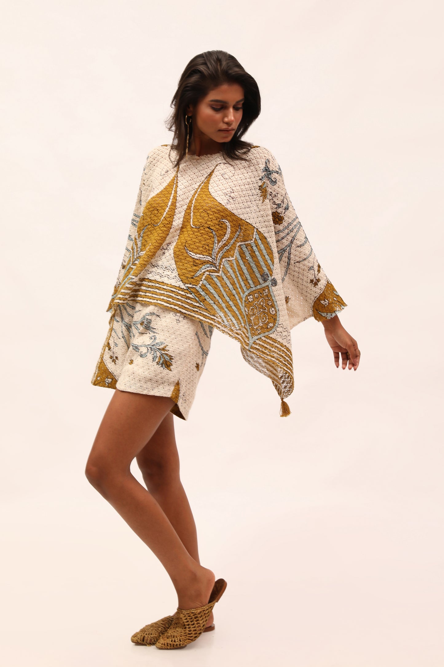 Ecru Cotton Net Printed Kaftan Top