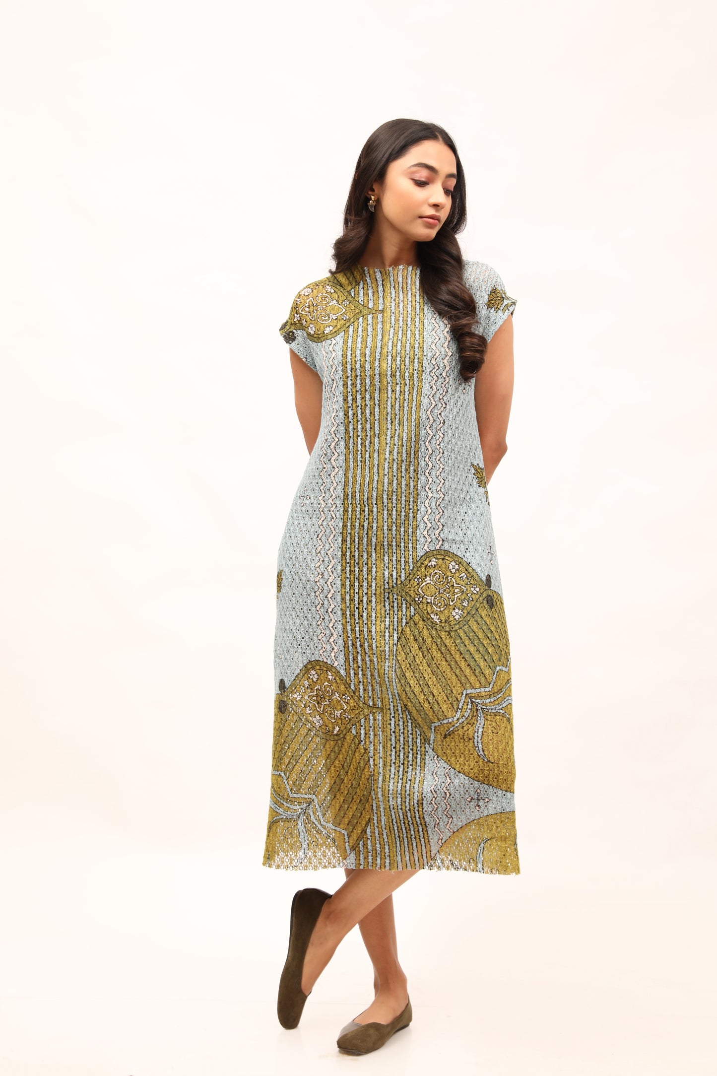 Sky Cotton Net Printed Shift Dress