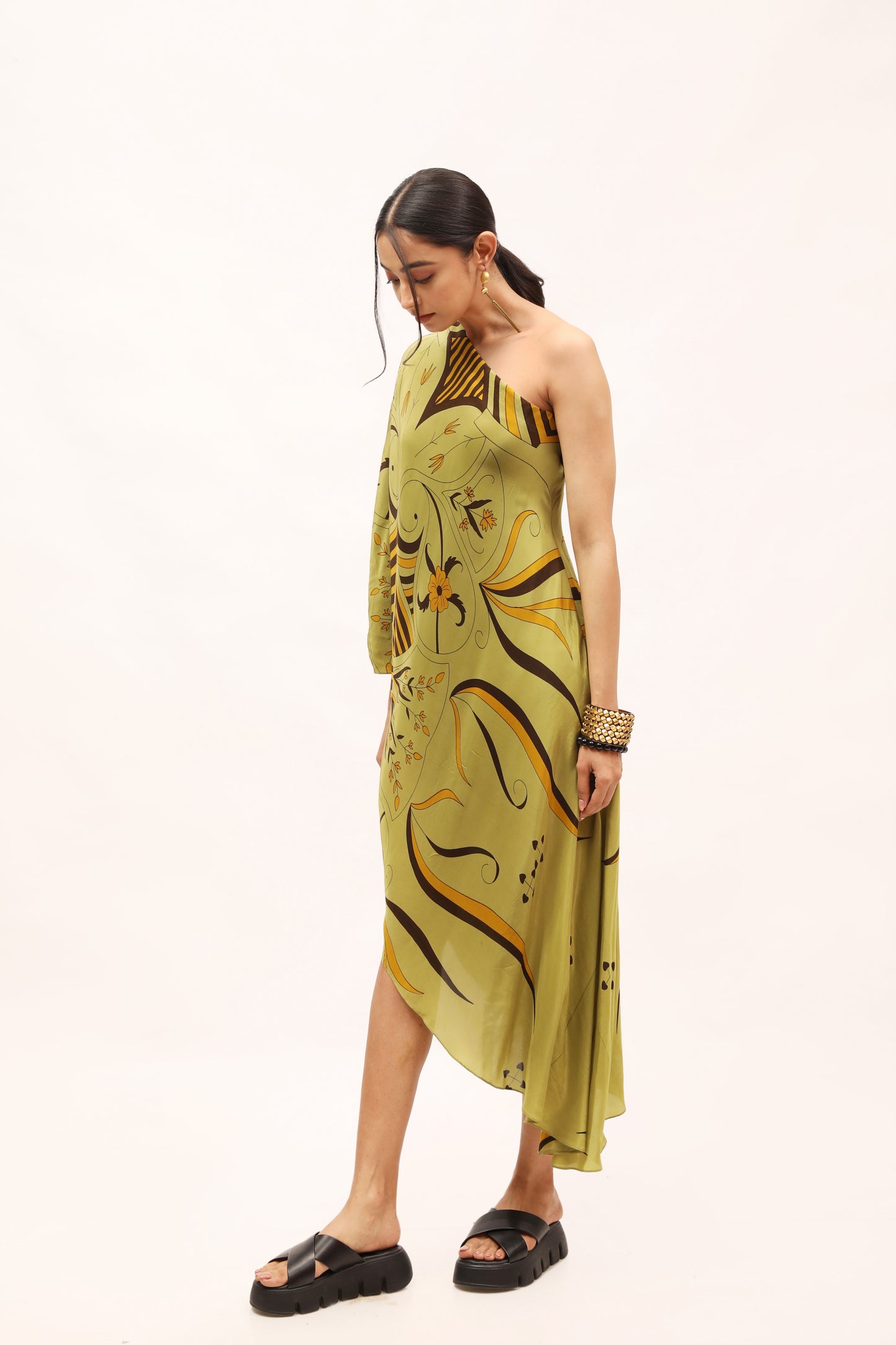 Olive Crepe Off-Shoulder Dress With Floral motifs