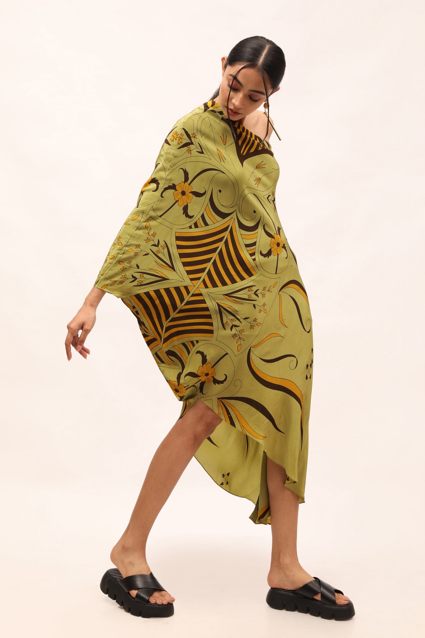 Olive Crepe Off-Shoulder Dress With Floral motifs