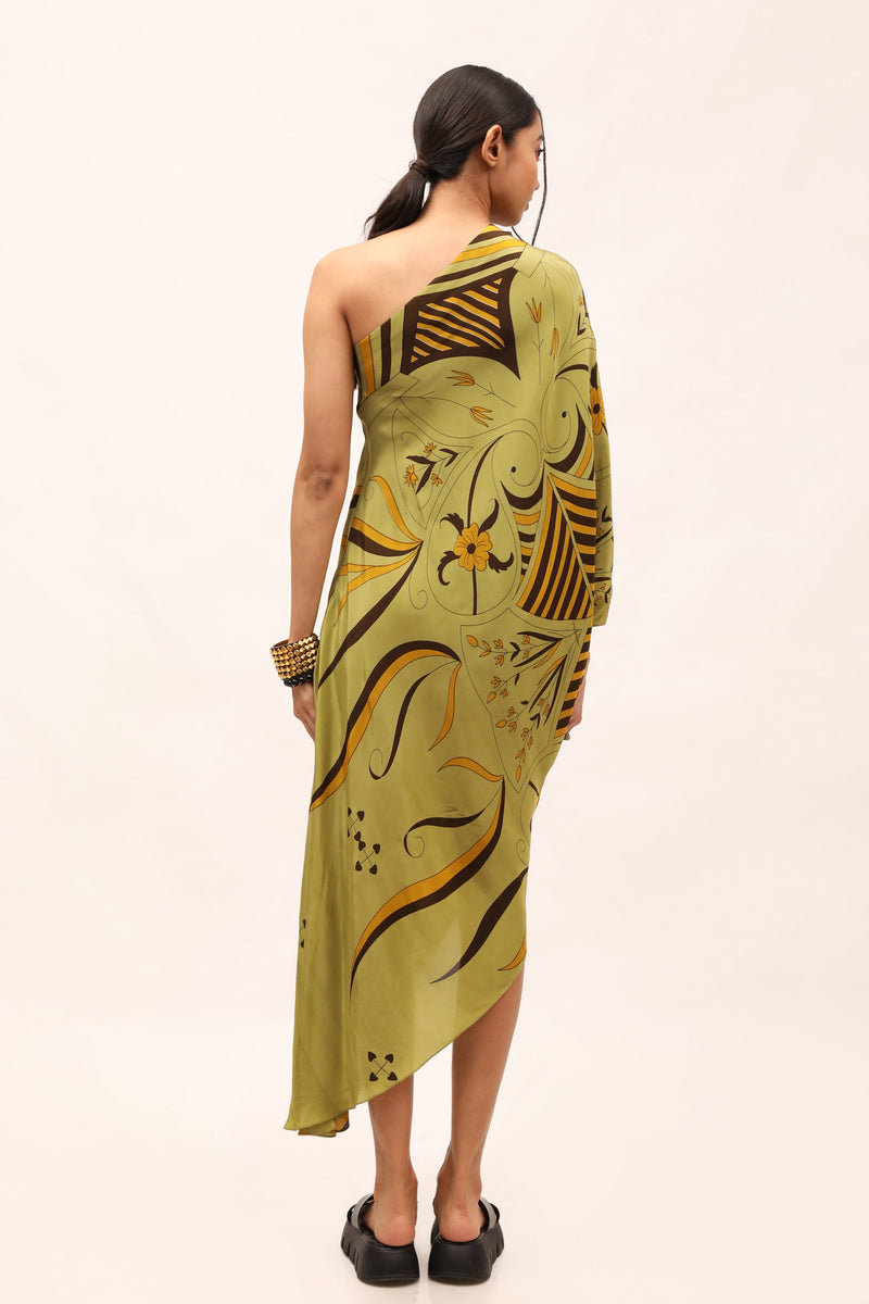 Olive Crepe Off-Shoulder Dress With Floral motifs