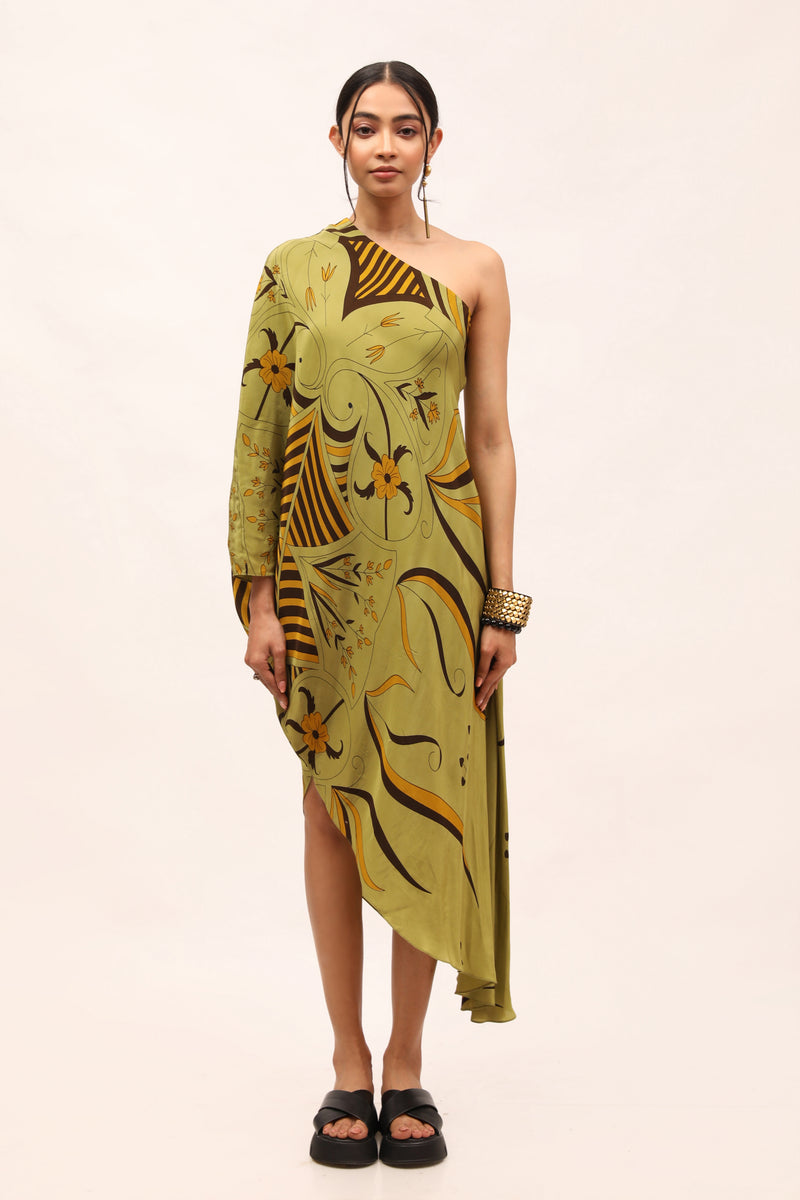 Olive Crepe Off-Shoulder Dress With Floral motifs