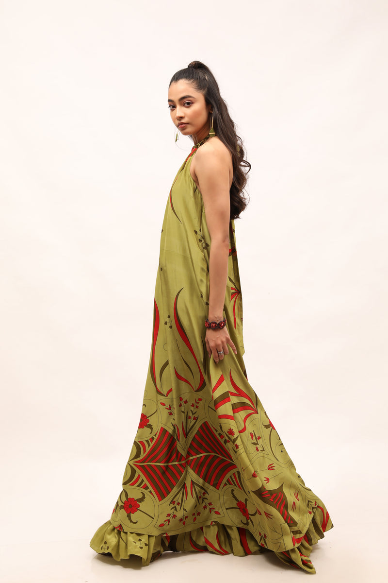 Olive Crepe Halter Maxi With Floral motifs