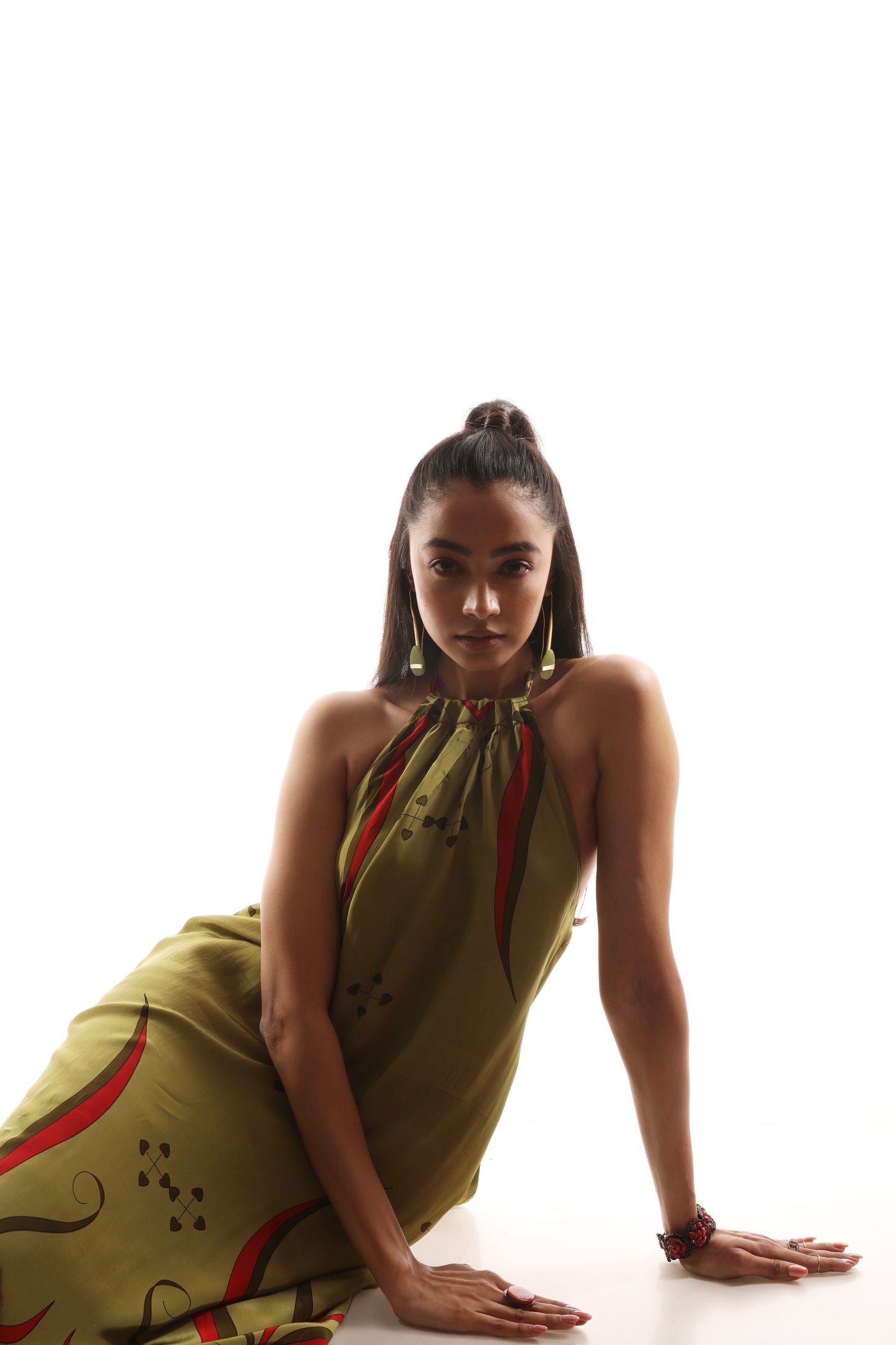 Olive Crepe Halter Maxi With Floral motifs