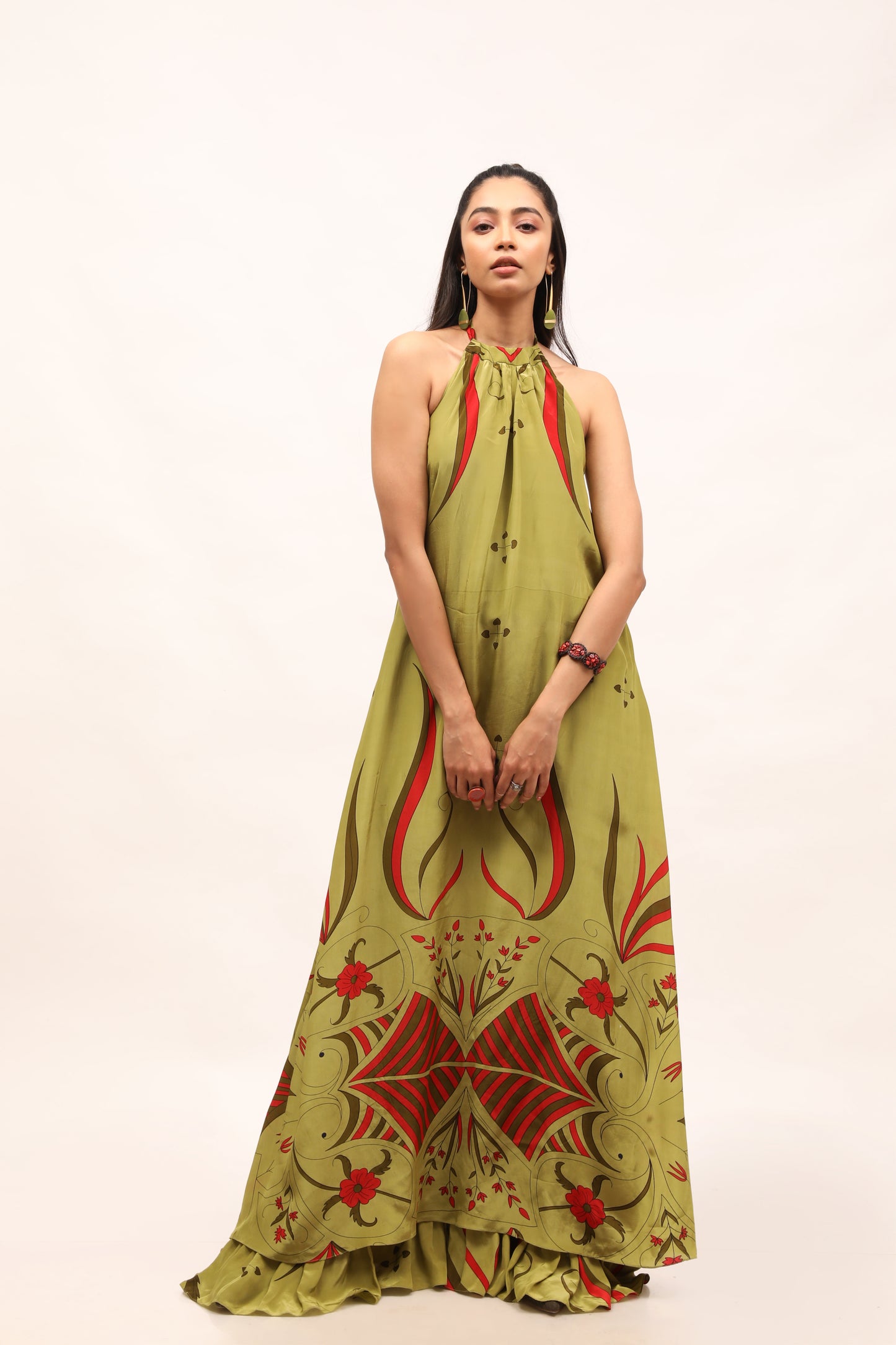 Olive Crepe Halter Maxi With Floral motifs