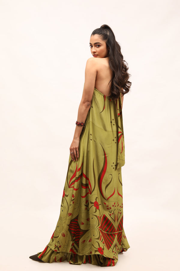 Olive Crepe Halter Maxi With Floral motifs