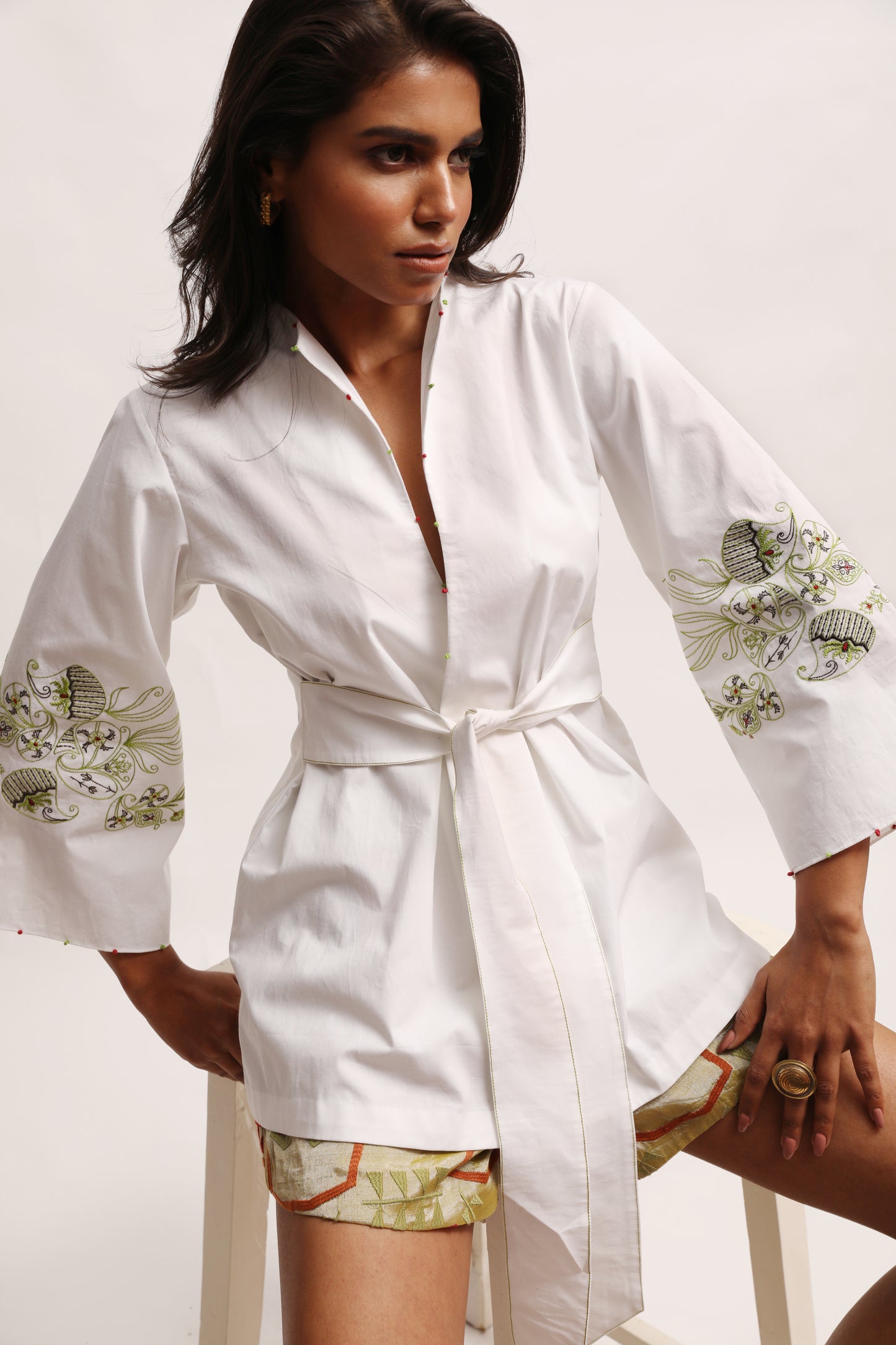 Embroidered Poplin Wrap Top