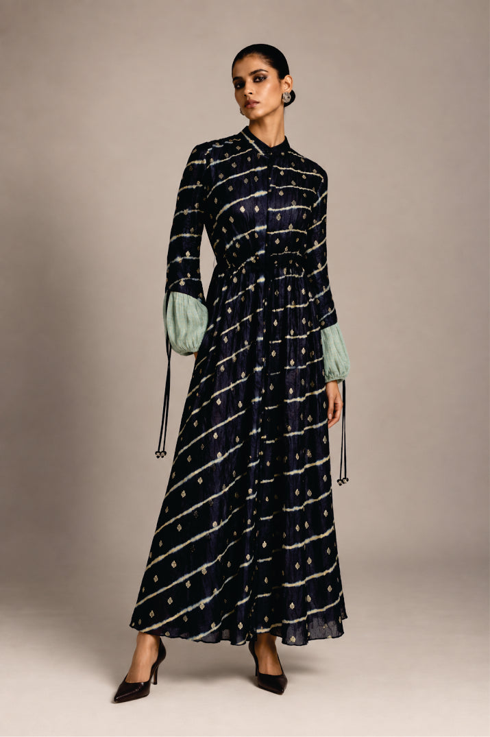 Black Benarasi & Shibori Drawstring Dress