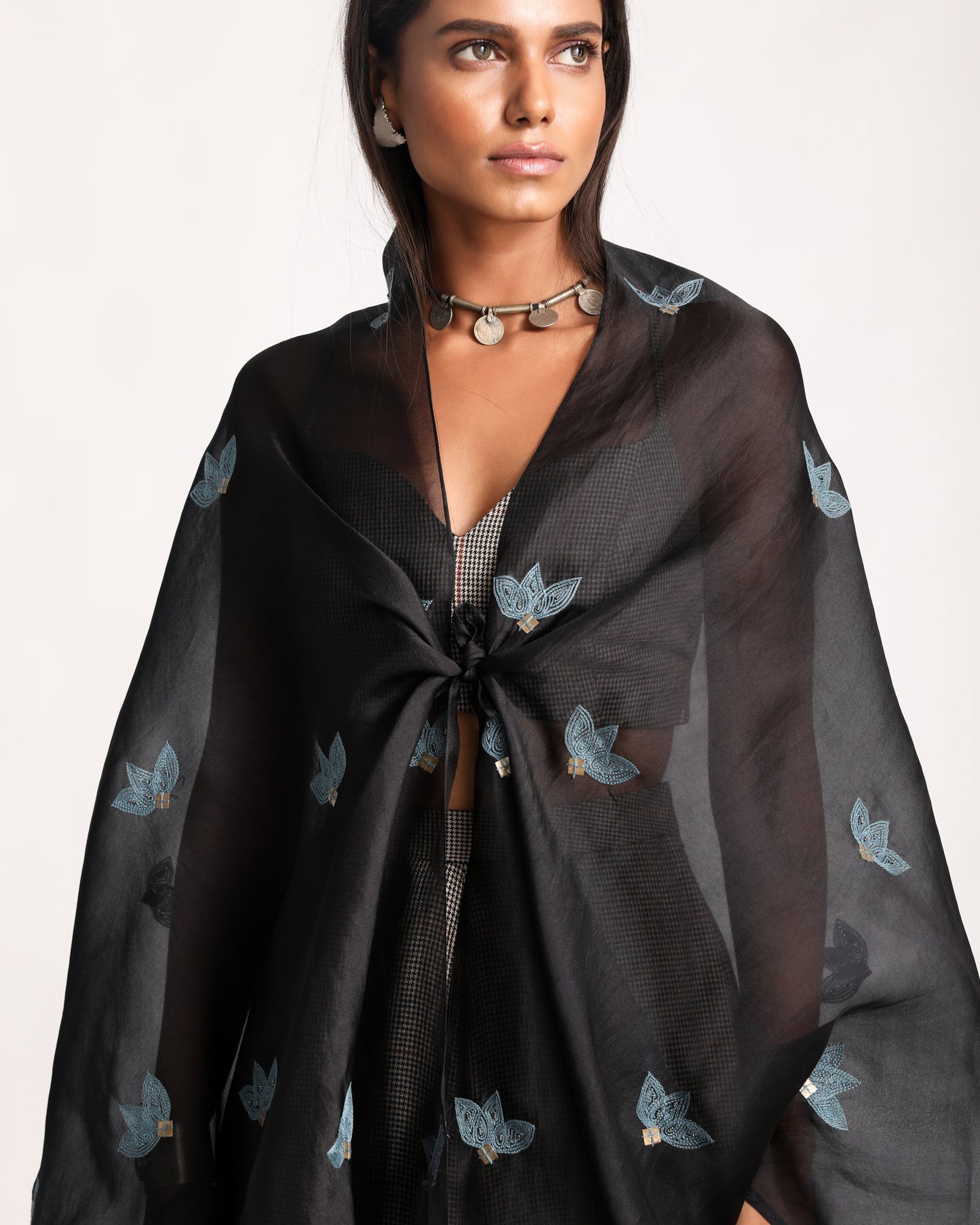 Front Knot Organza Silk Cape Set