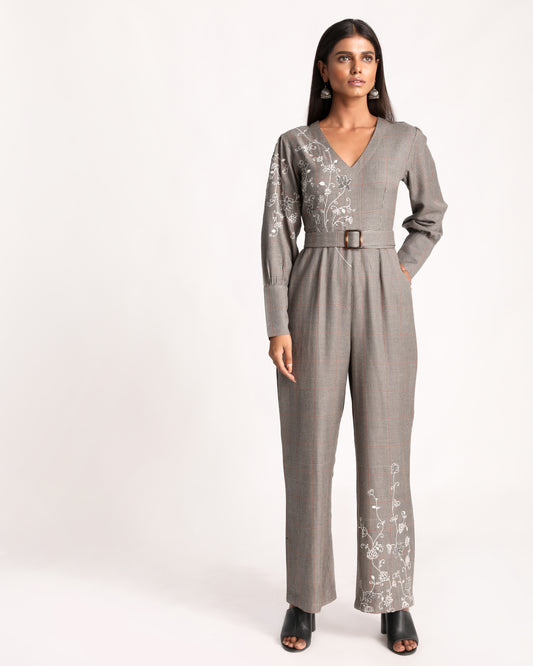 Embroidered Belted Houndstooth Jumpsuit