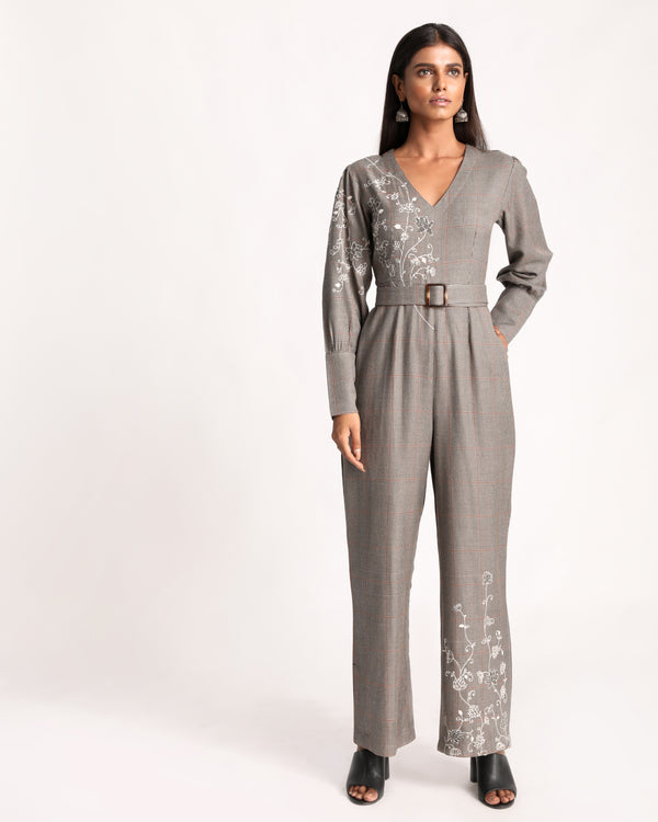 Embroidered Belted Houndstooth Jumpsuit