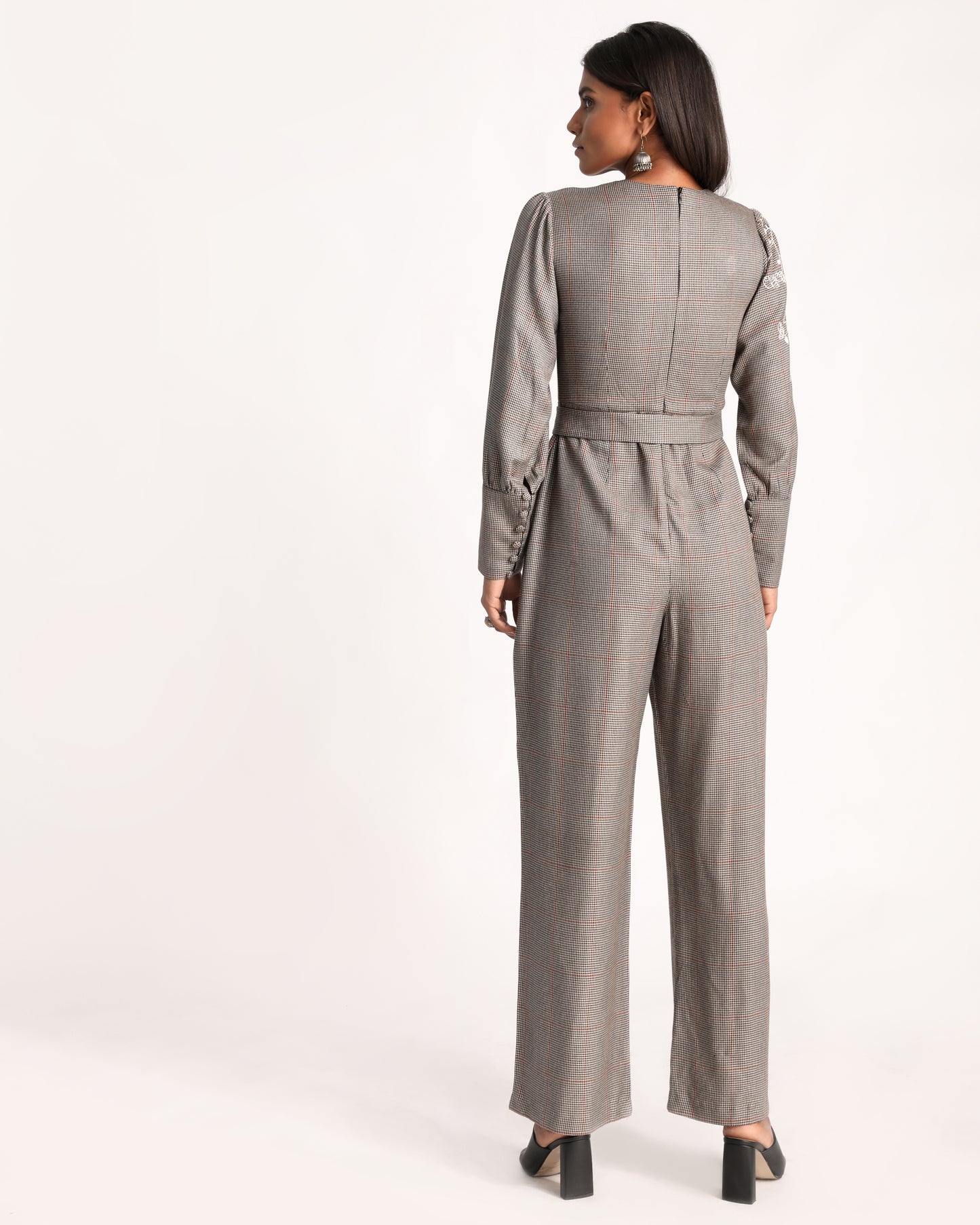 Embroidered Belted Houndstooth Jumpsuit