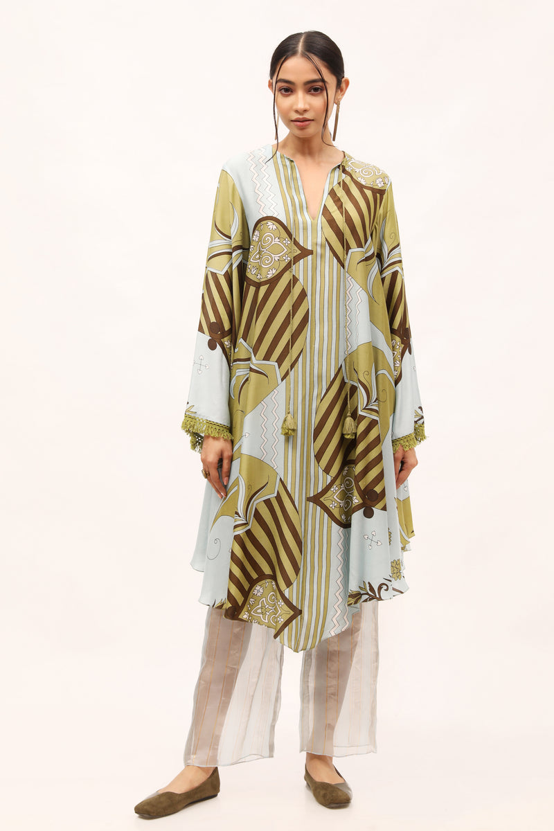 Sky Cotton Silk Tunic With Paisley Floral Motifs