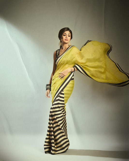 Lime Gold Stripe Tissue Saree