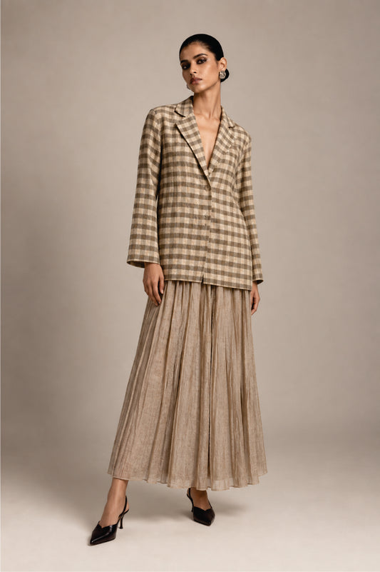 Beige Gold Checks Blazer & Skirt