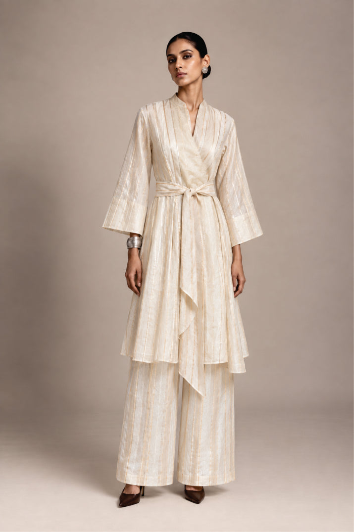 Ivory Panel Belted Wrap Dress & Pants