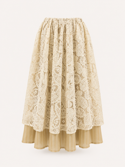 Ivory Lace Overlay Stripe Skirt