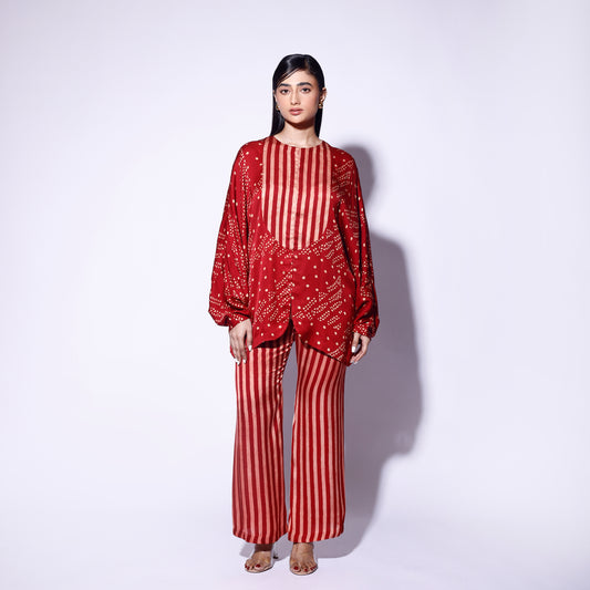 Red Printed Batwing Top Pant Set