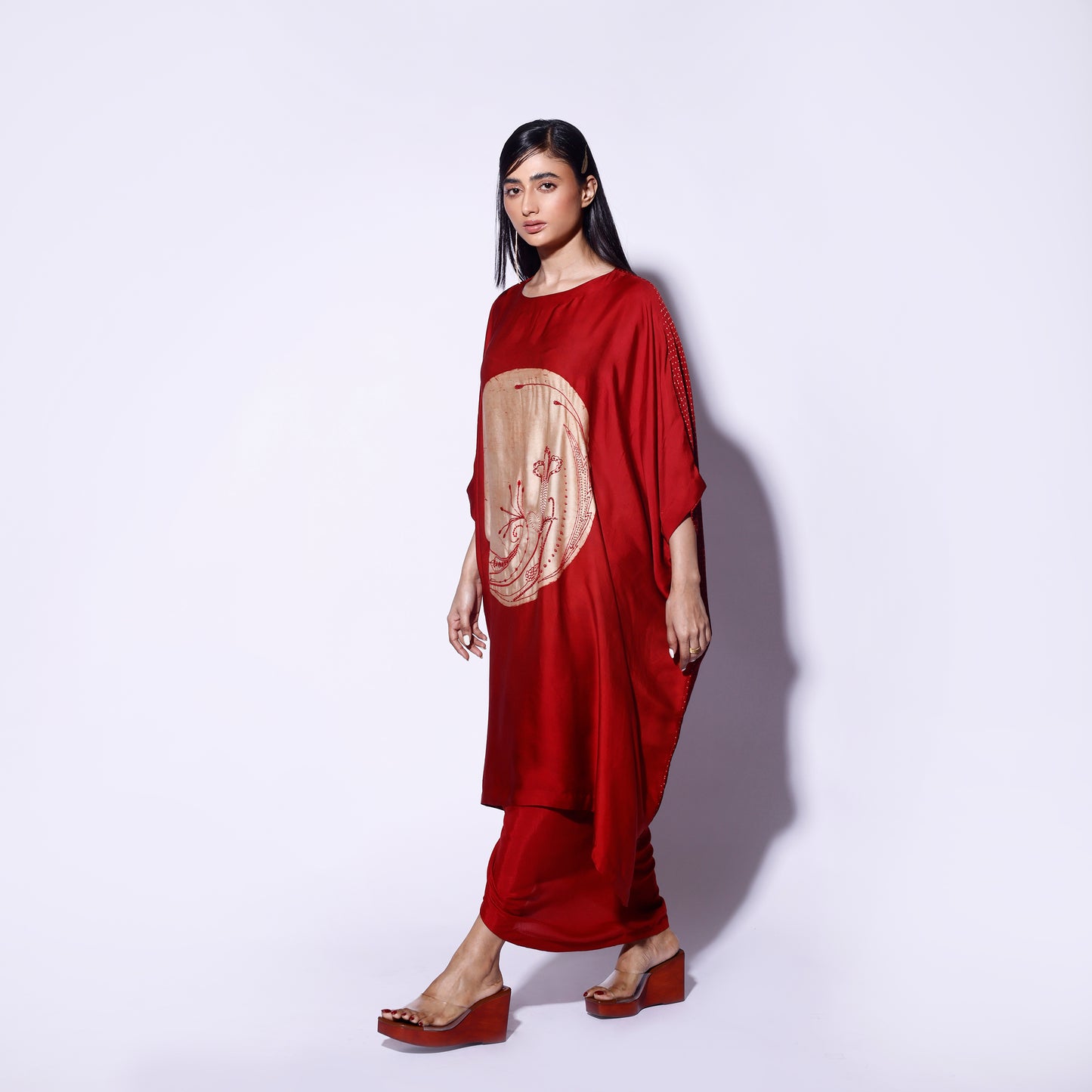 Red Circle Embroidered Kaftan