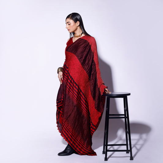 Red Black Stripe Bandhani Cape Dress