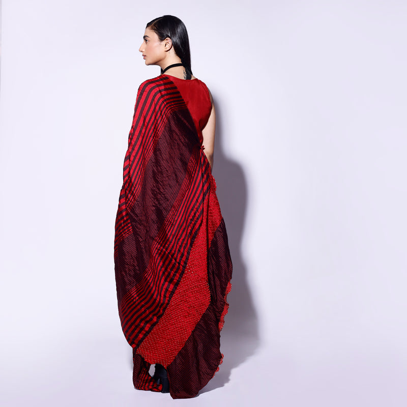 Red Black Stripe Bandhani Cape Dress