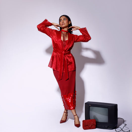 Red Tissue Wrap Top and Sequined Skirt Set