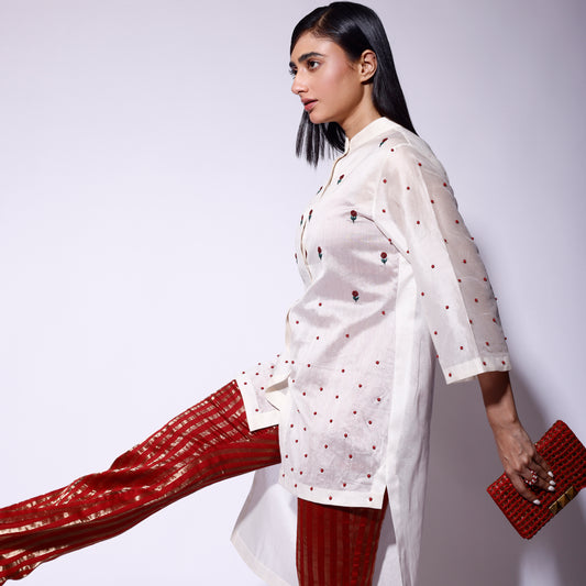 Embroidered Rose Shirt Stripe Pant Set