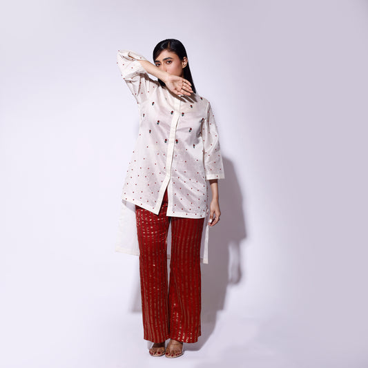 Embroidered Rose Shirt Stripe Pant Set