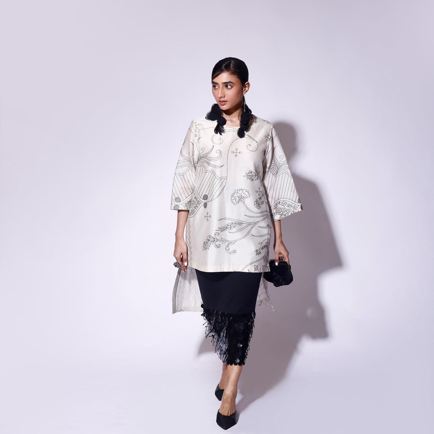 Black Paisley Top Sequinned Knit Skirt Set