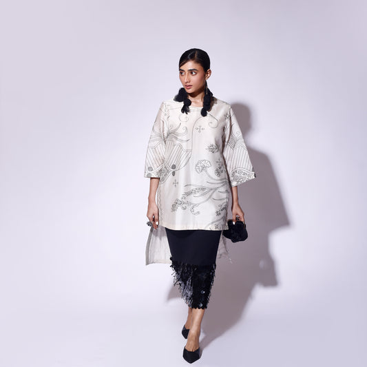 Black Paisley Top Sequinned Knit Skirt Set