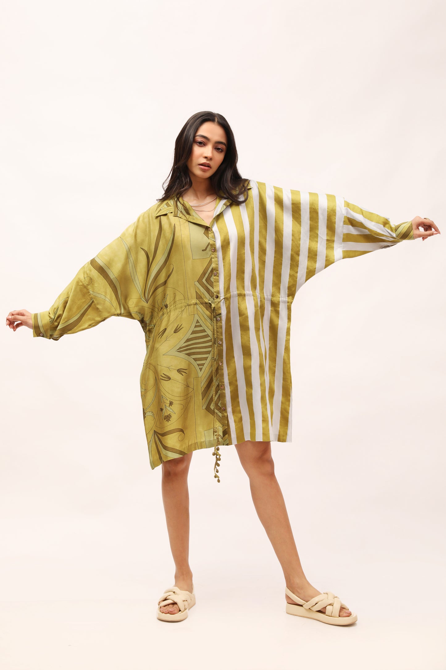 Olive Stripe Drawstring Shirt Dress