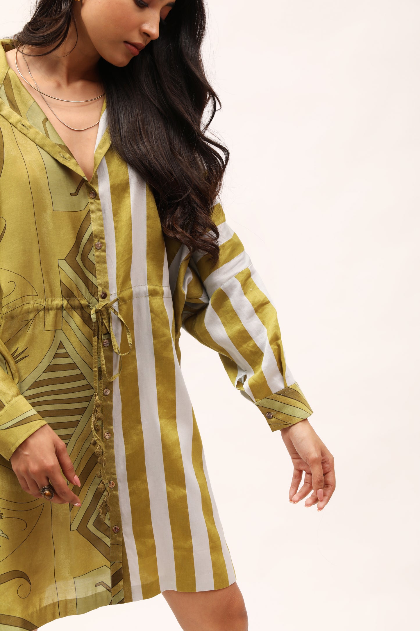 Olive Stripe Drawstring Shirt Dress