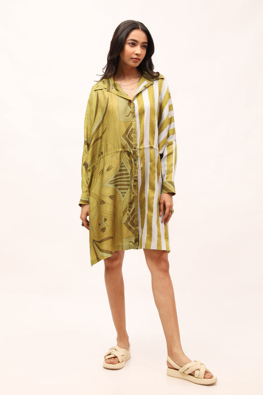 Olive Stripe Drawstring Shirt Dress