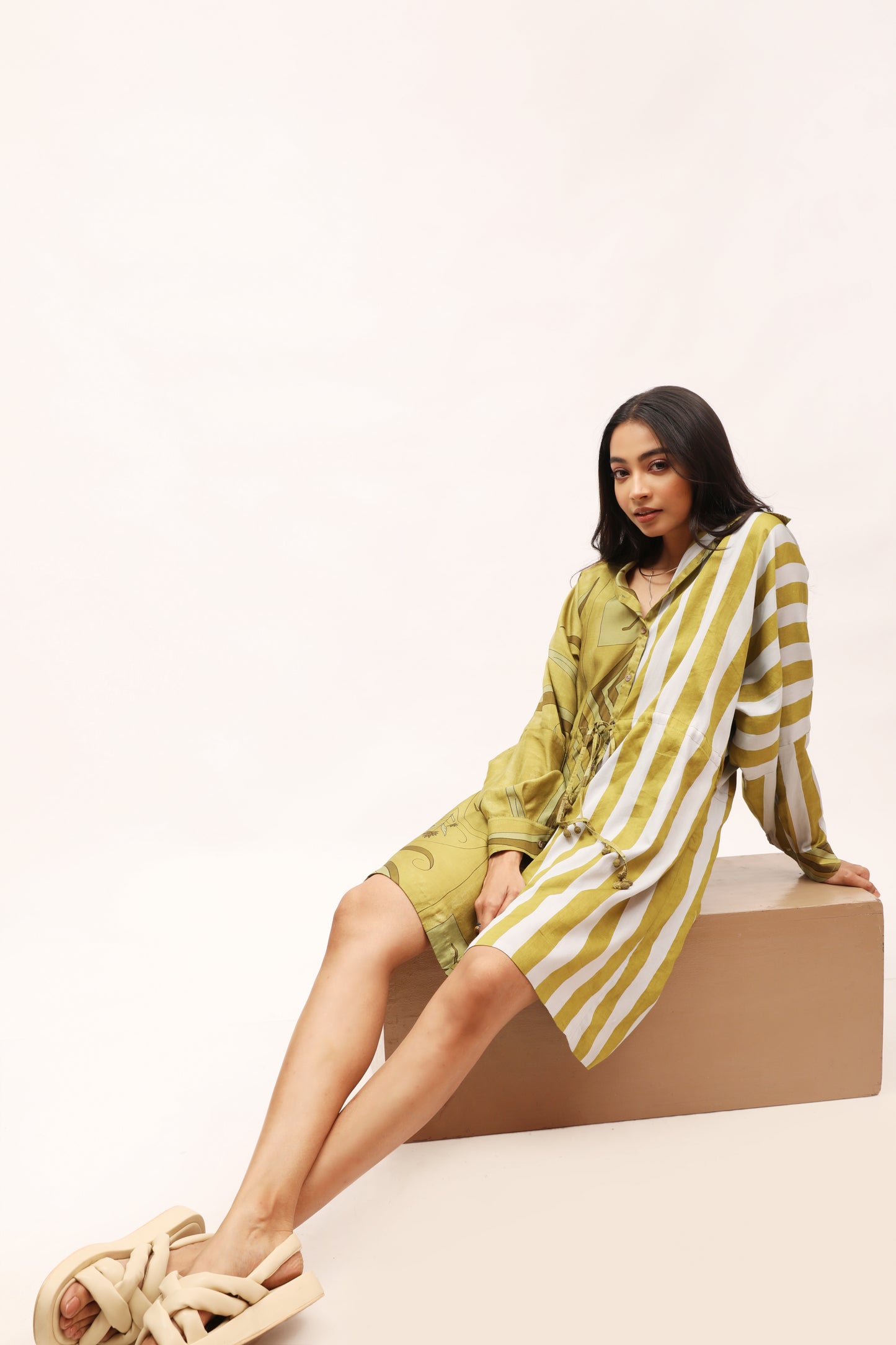 Olive Stripe Drawstring Shirt Dress