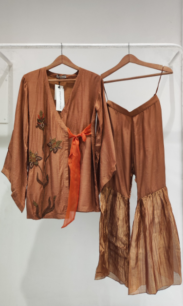 Embroidered Silk Top with Sharara Set