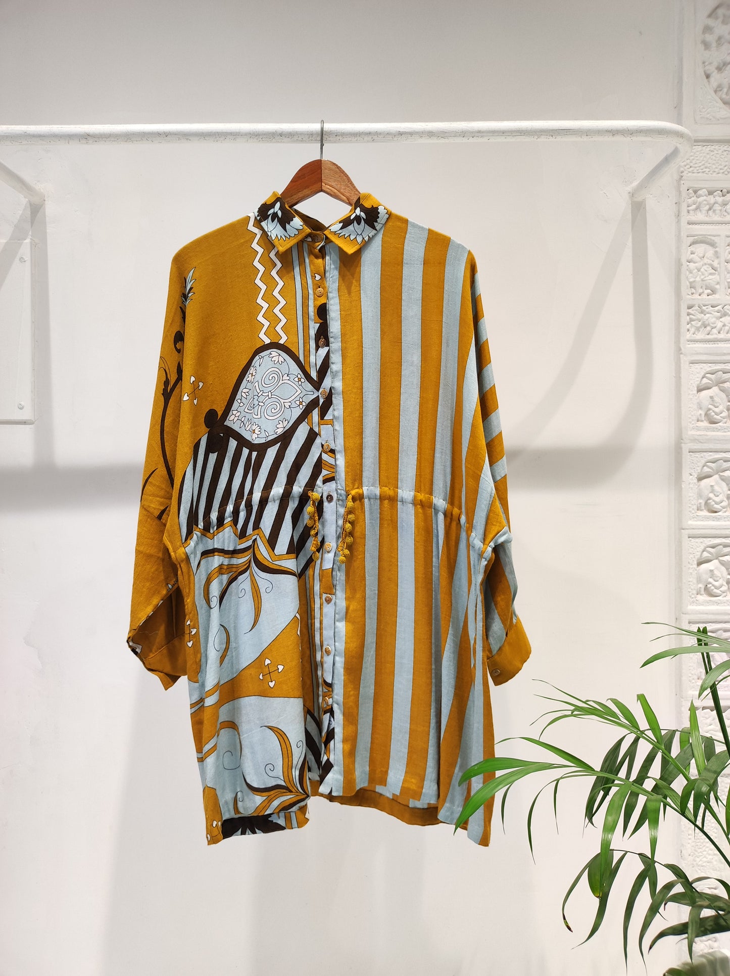 Mustard Stripe Drawstring Shirt Dress