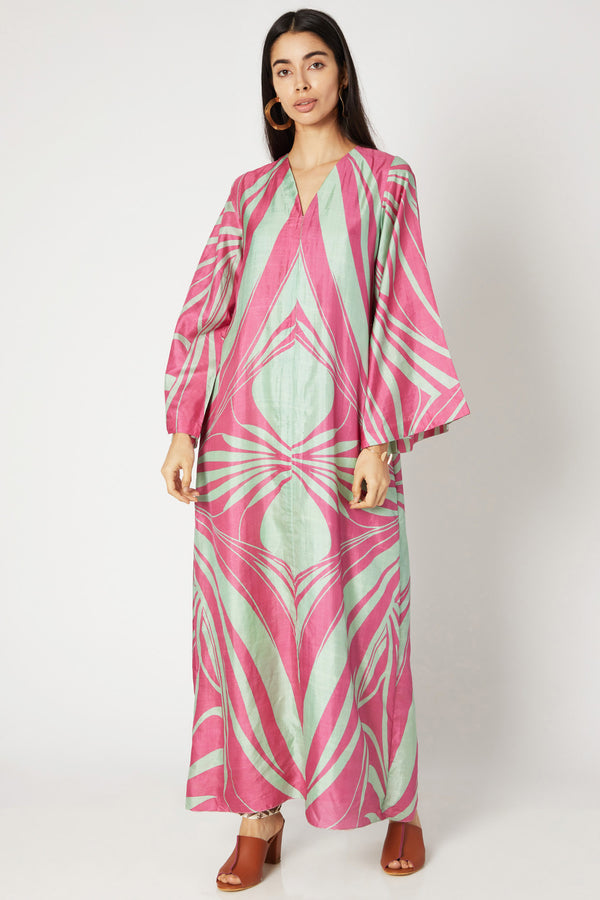 Hand Screen-Printed Long Dress With Flared Sleeves